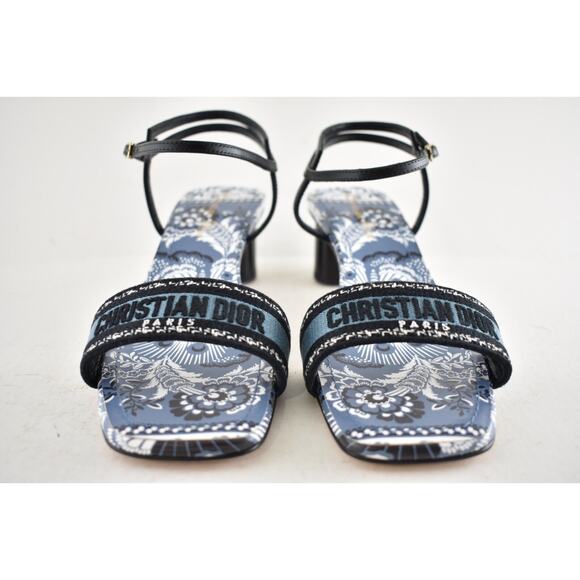 Dior Bandana Embroidered Black Blue Dway Heeled Sandal Strap Low Heel Pump 38.5 - Picture 7 of 13